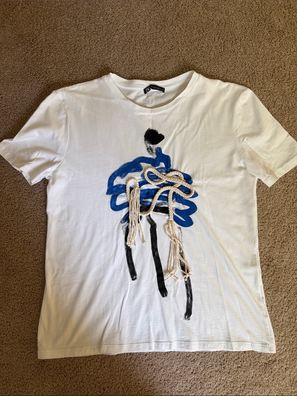 Zara White Graphic T-Shirt with Blue & Black Motif and Rope Detail